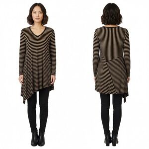 Cabi Striped Asymmetric Tunic Top Brown Black Lightweight Classic Size M
